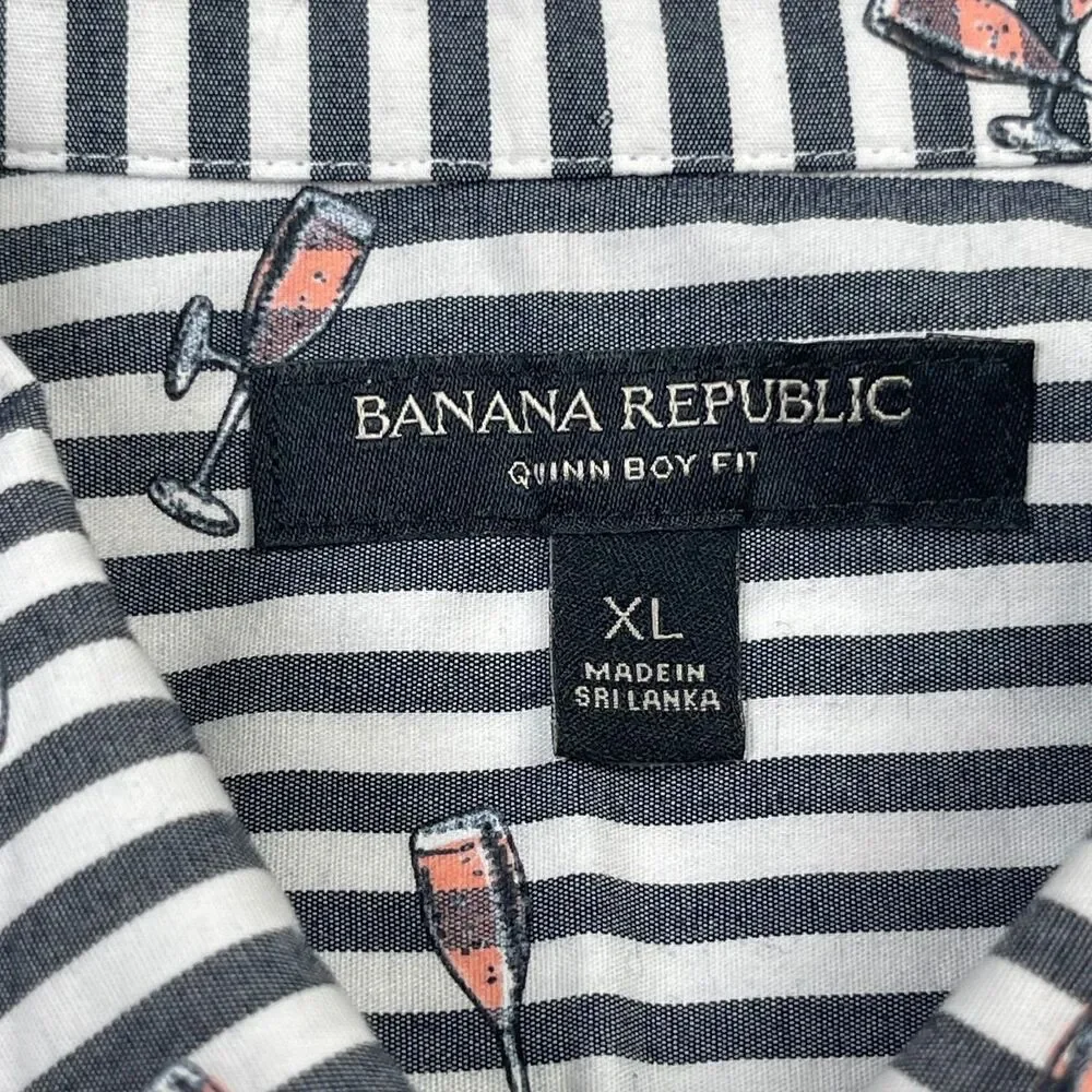 Banana Republic Shirt Men XL White Black Striped Champagne Glasses Quinn Boy-Fit